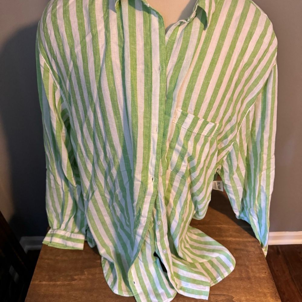 Linen-Blend Striped Boyfriend Shirt NWT XXL TALL lime green and white Old Navy
